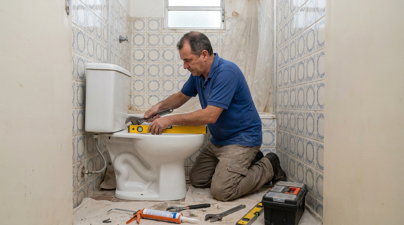 Técnico instalando vaso sanitário em Macapá‑AP